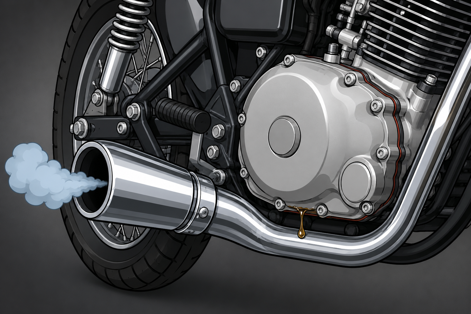 Motorcycle engine and exhaust with oil leak and blue smoke