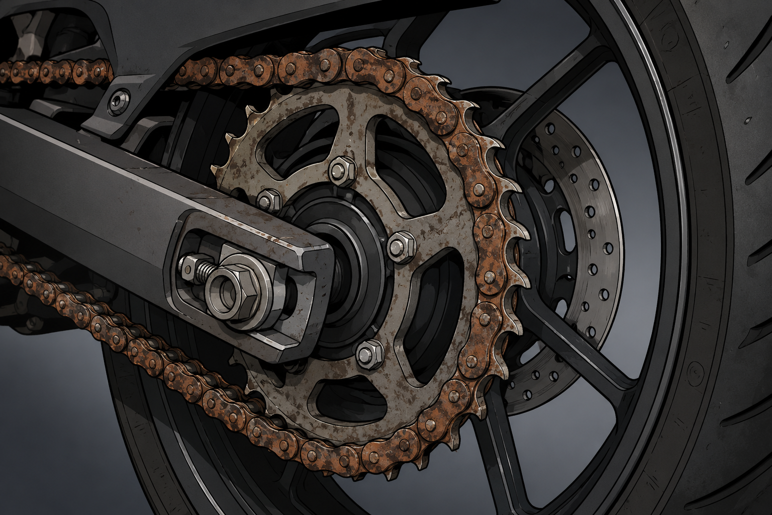 Worn motorcycle chain and hooked sprocket teeth