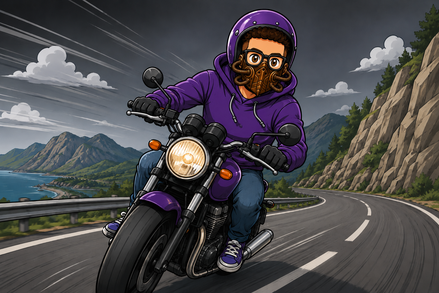 Mascot test-riding the motorcycle