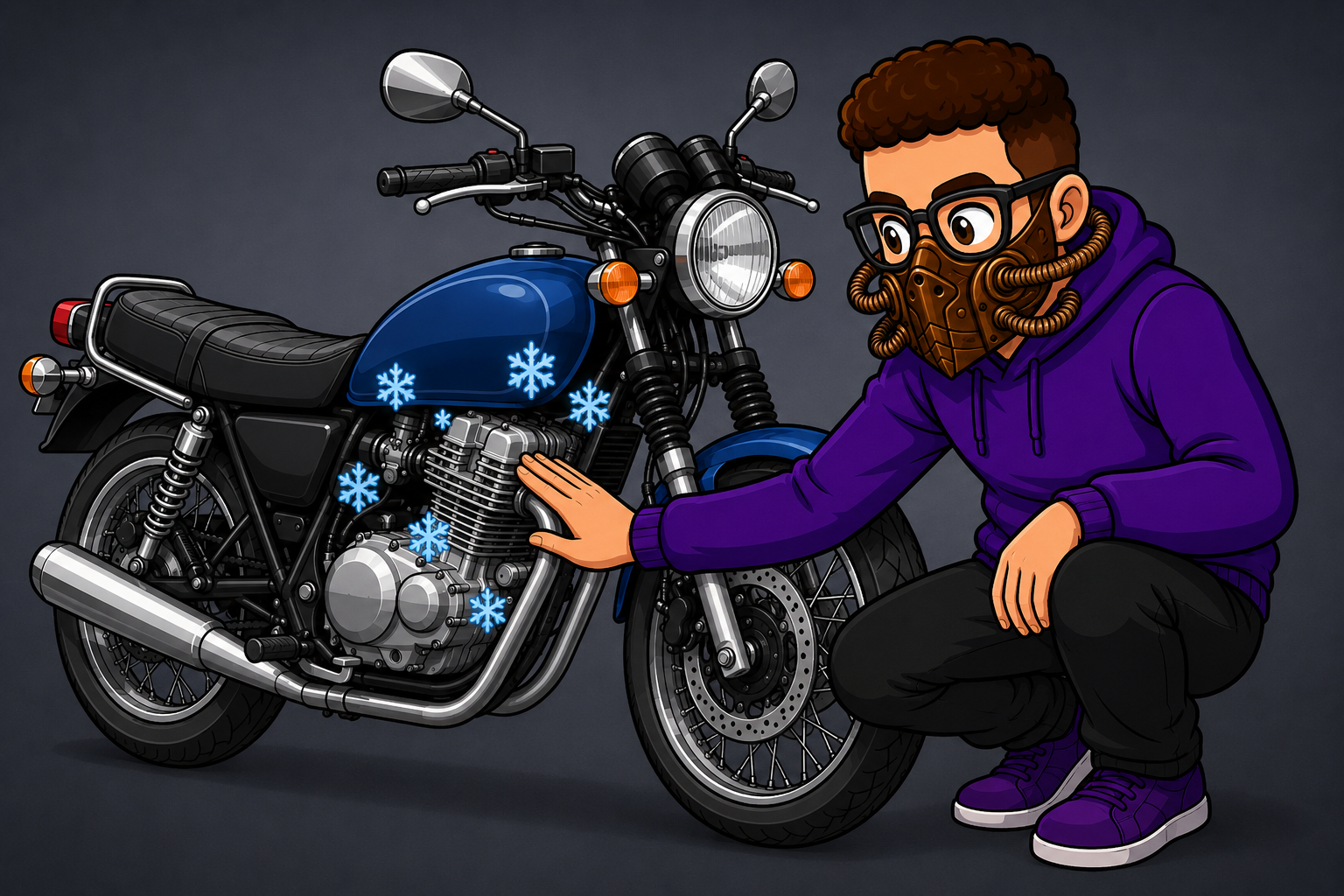 Mascot checking if motorcycle engine is cold