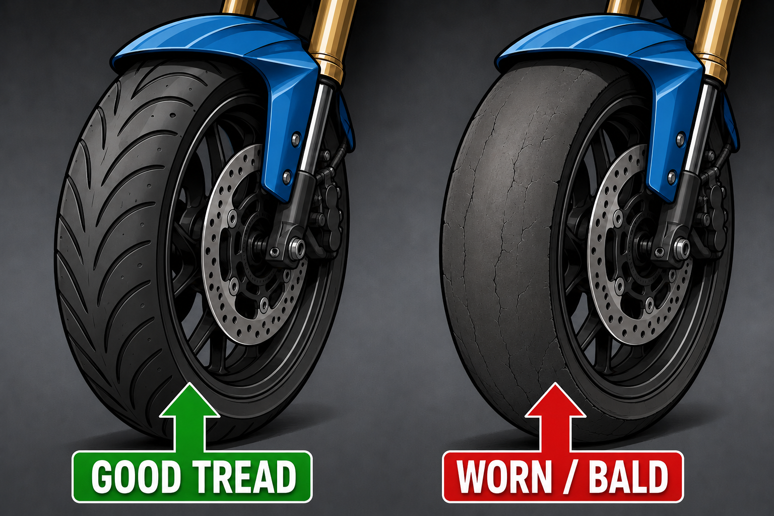 Comparing worn versus healthy motorcycle front tire tread