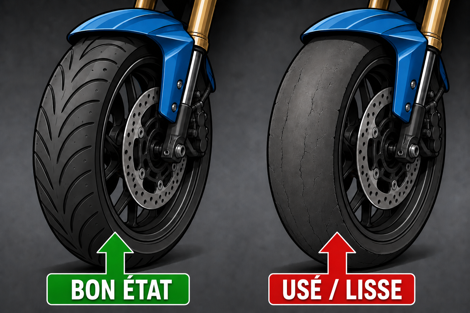 Comparaison entre un pneu avant usé et un pneu en bon état