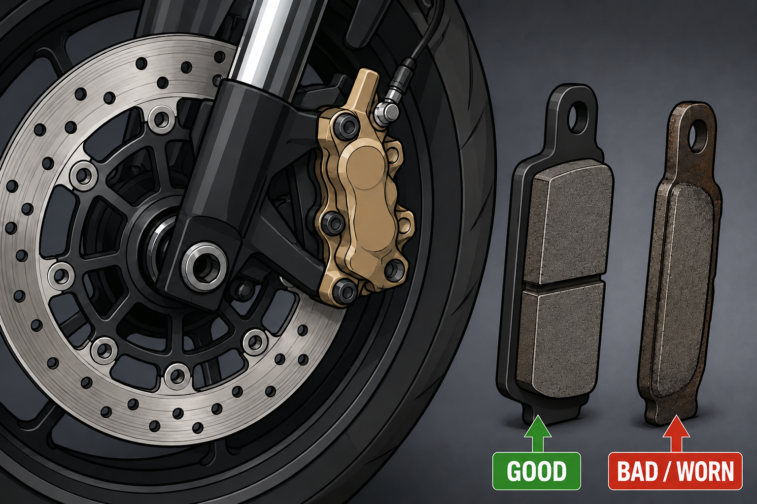 Motorcycle front brake disc, caliper and pad inspection
