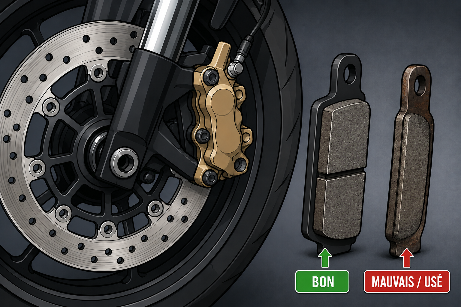 Inspection du disque, étrier et plaquettes de frein avant d'une moto
