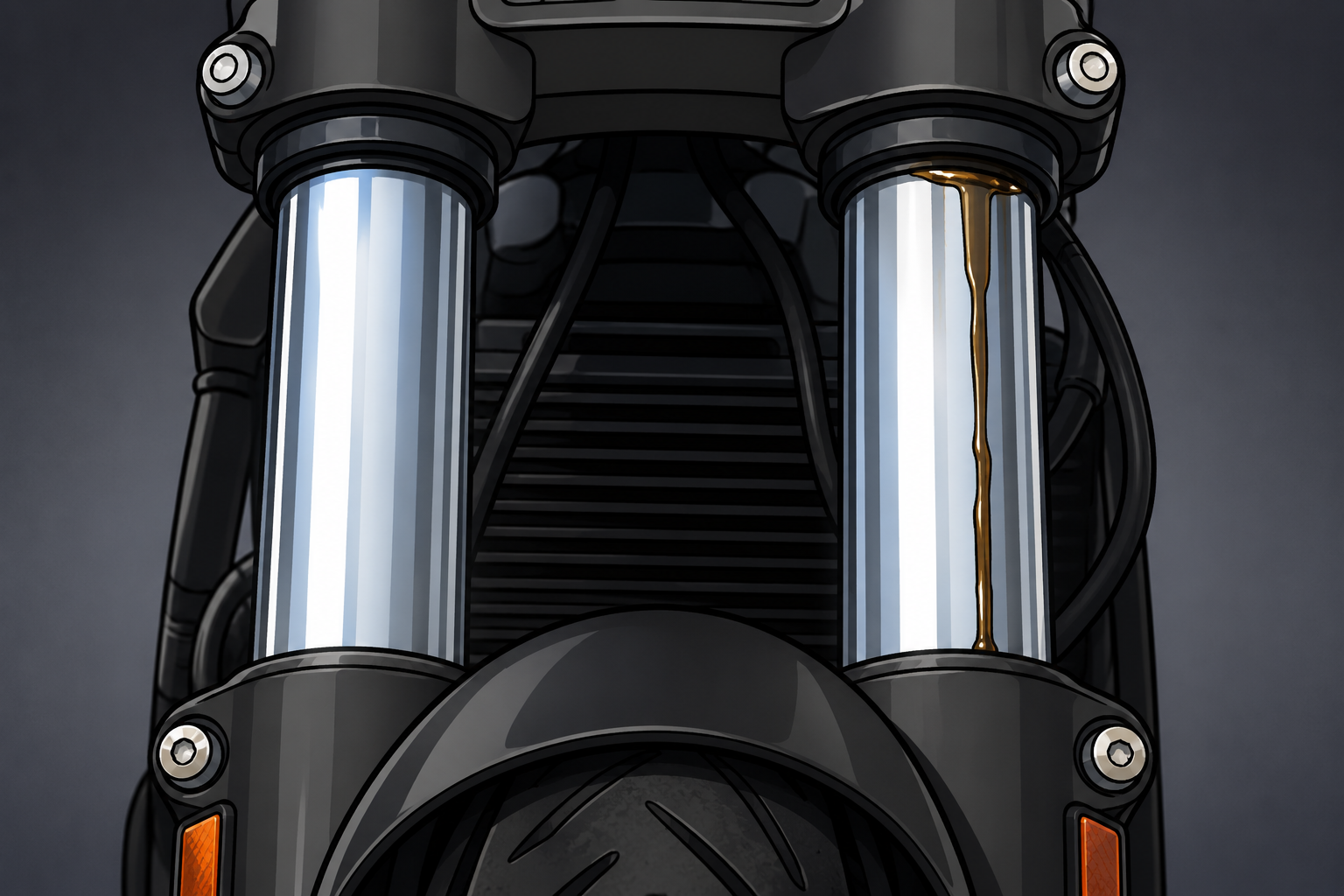 Motorcycle front fork tubes with leaking oil seal