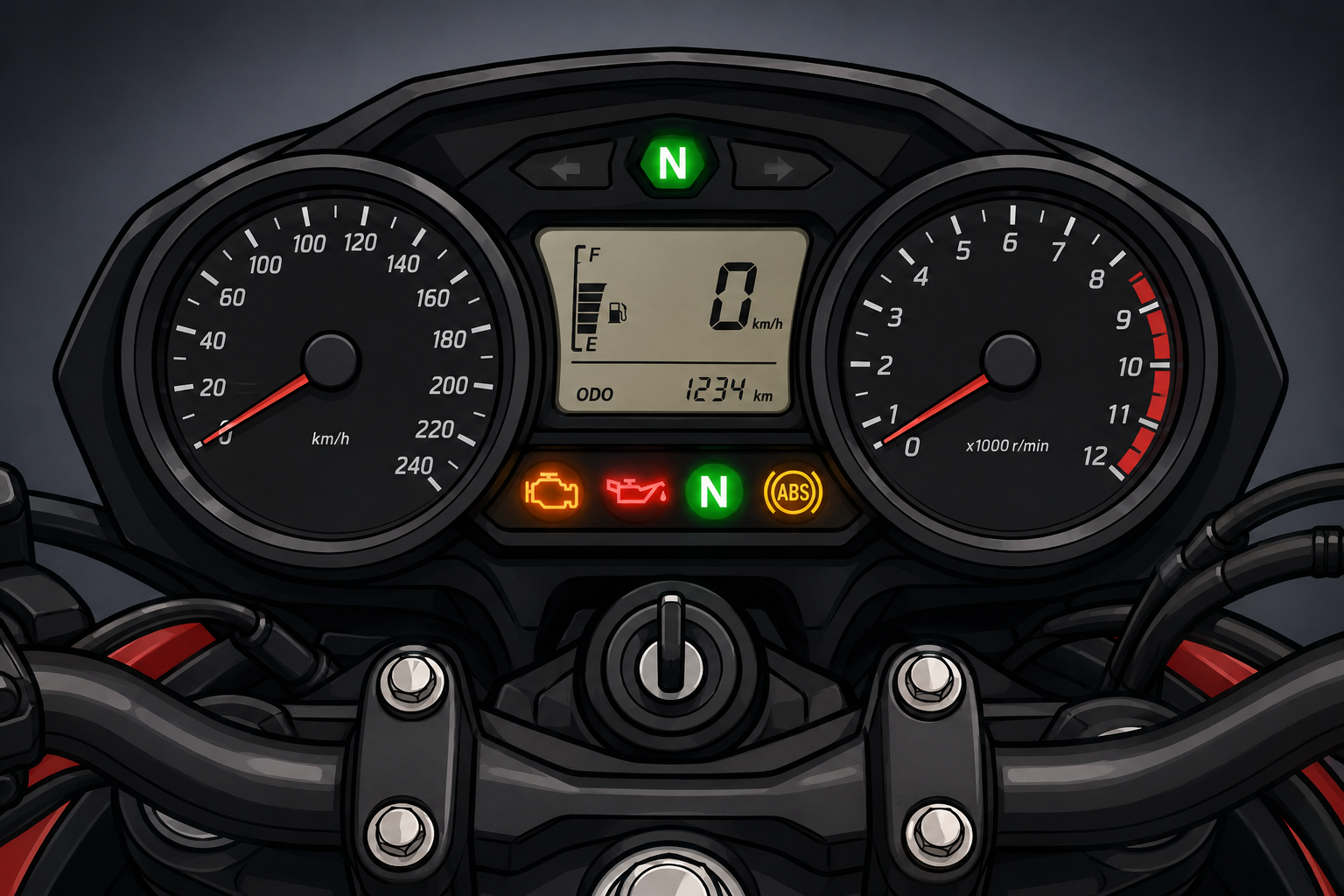 Motorcycle dashboard warning lights at ignition
